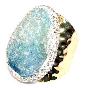 Men's Aqua Drusy Agate Cocktail Dinner Ring 63.5 carats on Adjustable Brass Band